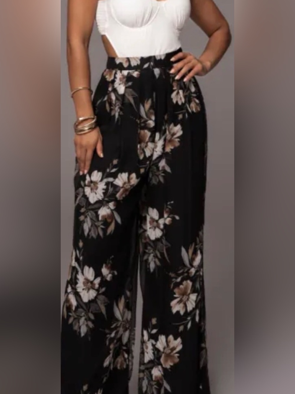 JLUXLABEL Black Wide-Leg Floral Jumpsuit Pants